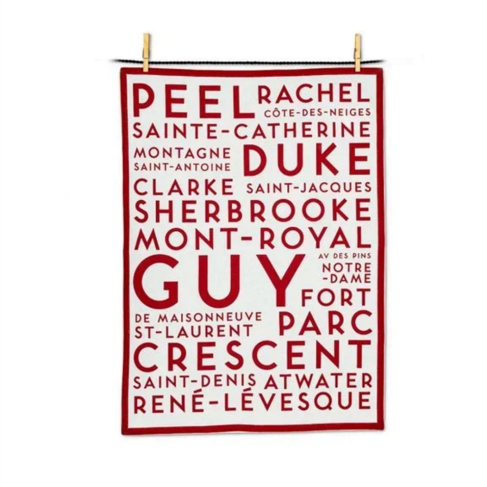 Red and White Montreal Street Names Kitchen Tea Towel